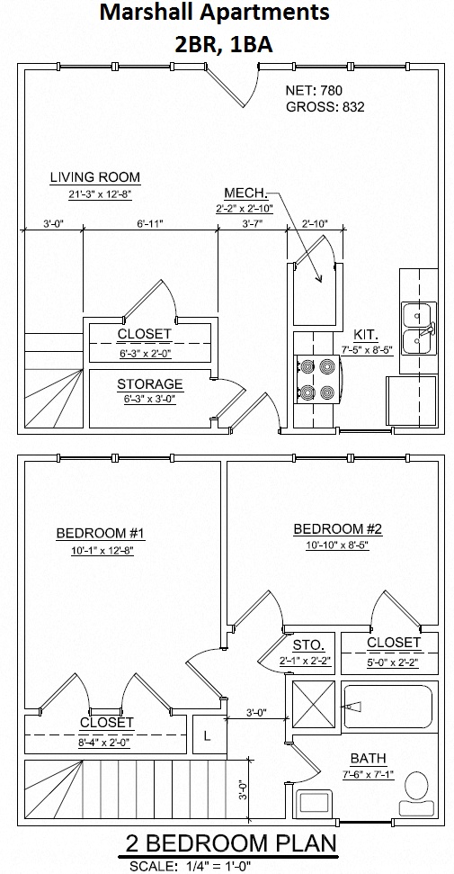Floor plan for 2 beds, 1 bath, 798 sqft